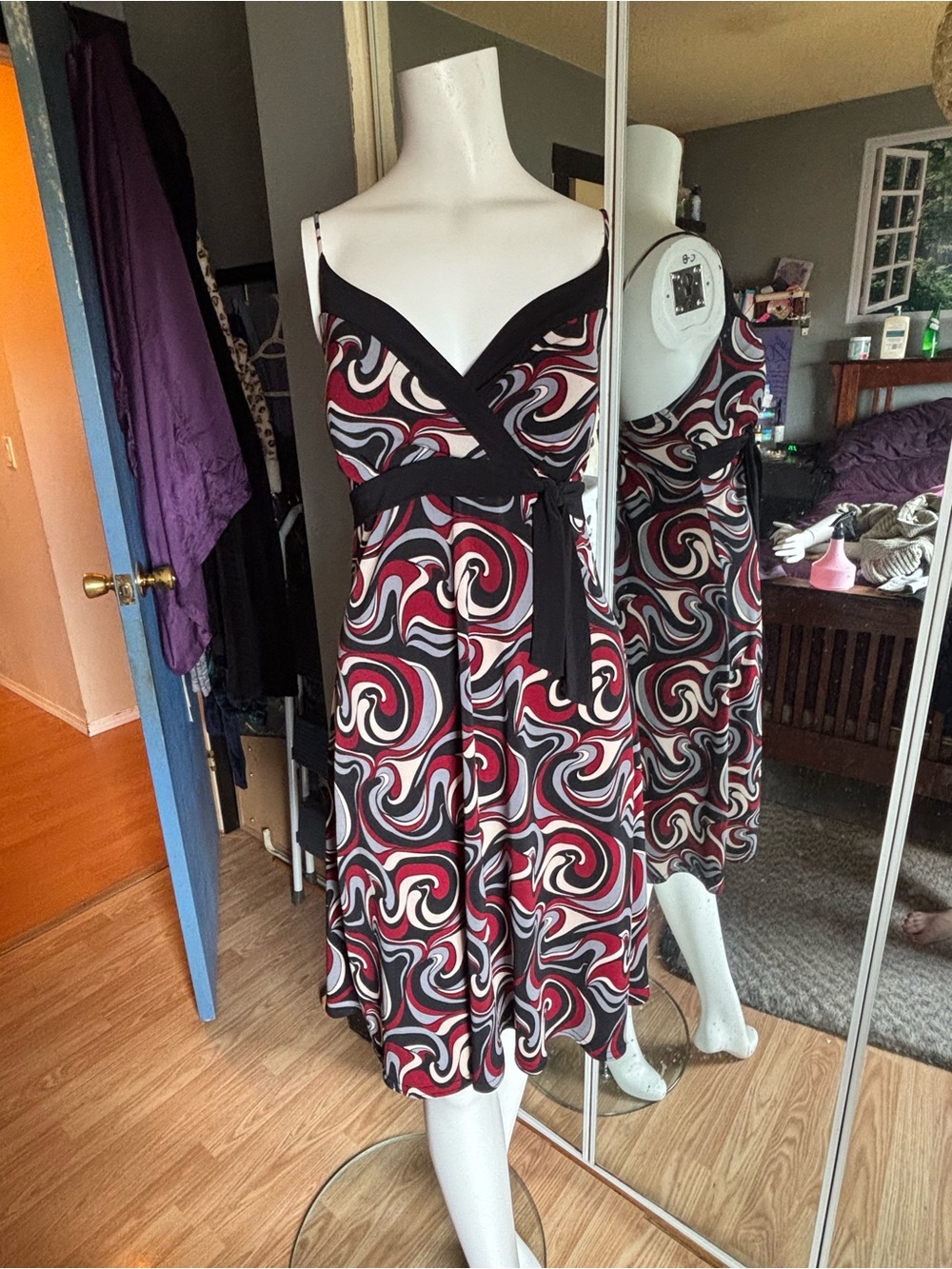 Vintage Sleeveless Red Black Swirl A-Line Dress